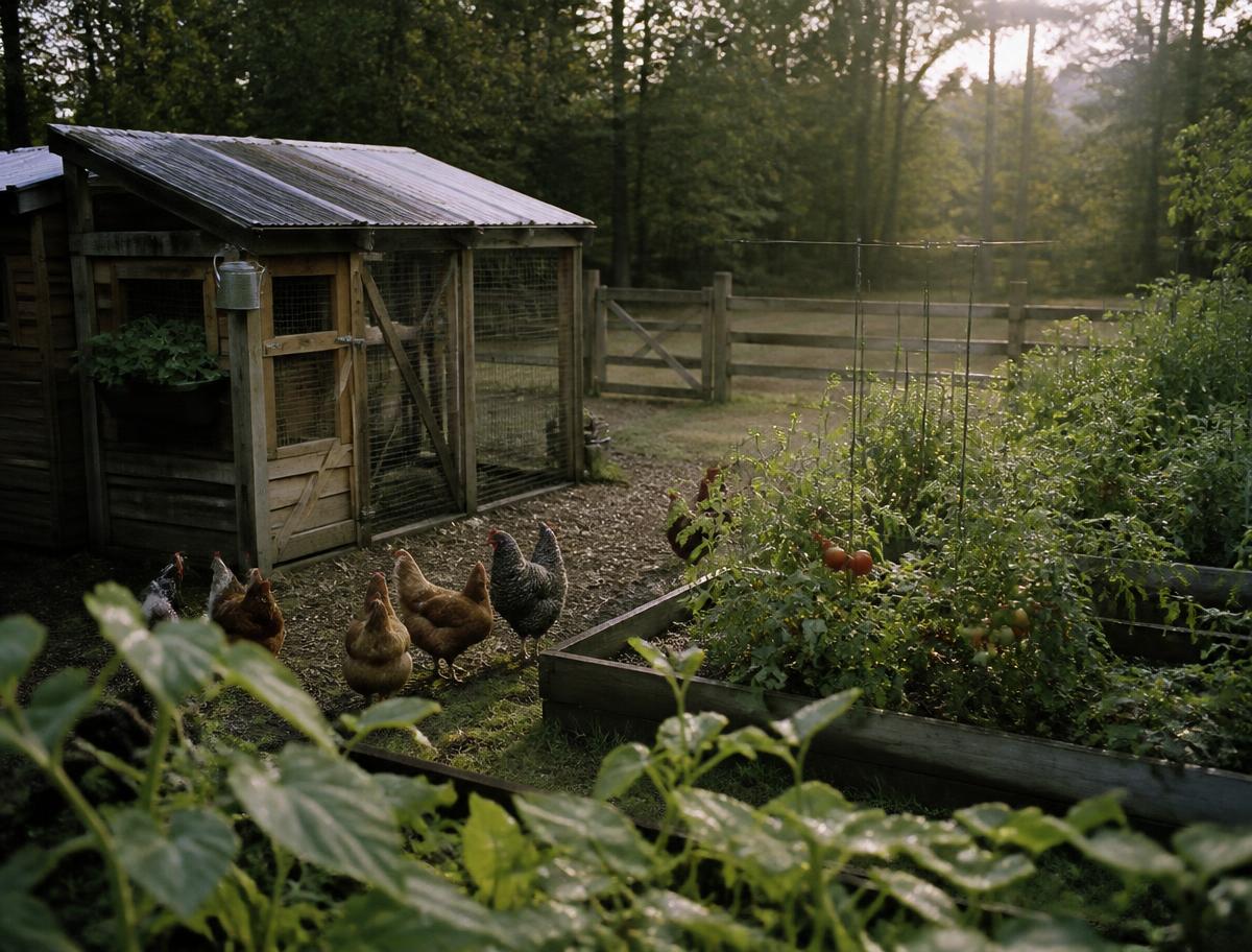 A backyard homestead at dusk with raised beds and a weathered fence