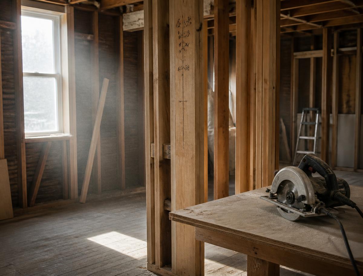 A room mid renovation with exposed framing and tools on the floor